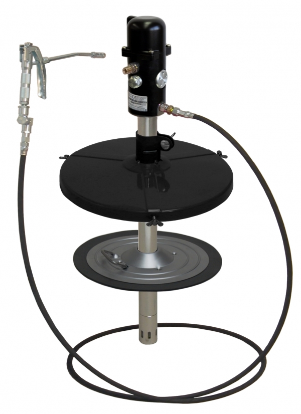 pneuMATO 55 grease pump unit, static<br>with 6,5 m high pressure rubber hose DN6</p>for 25 kg kegs, Inner &Oslash; 300-335 mm